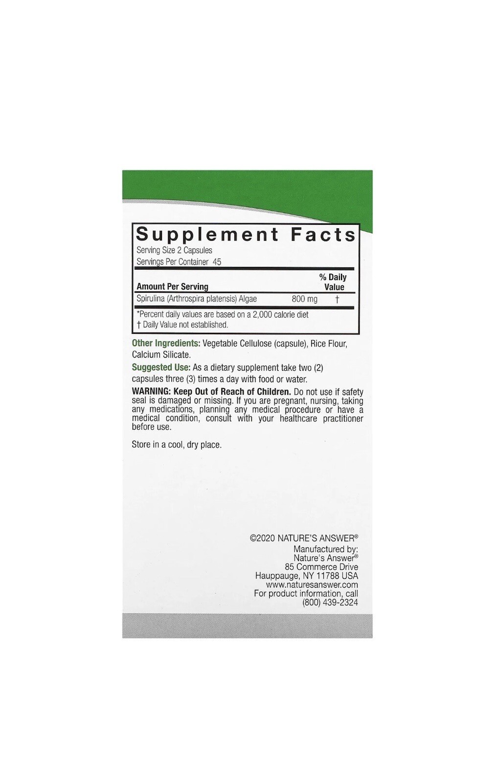 Nature s Answer Spirulina 800 mg 90 Vegetarian Capsules Cruelty-Free, GMP