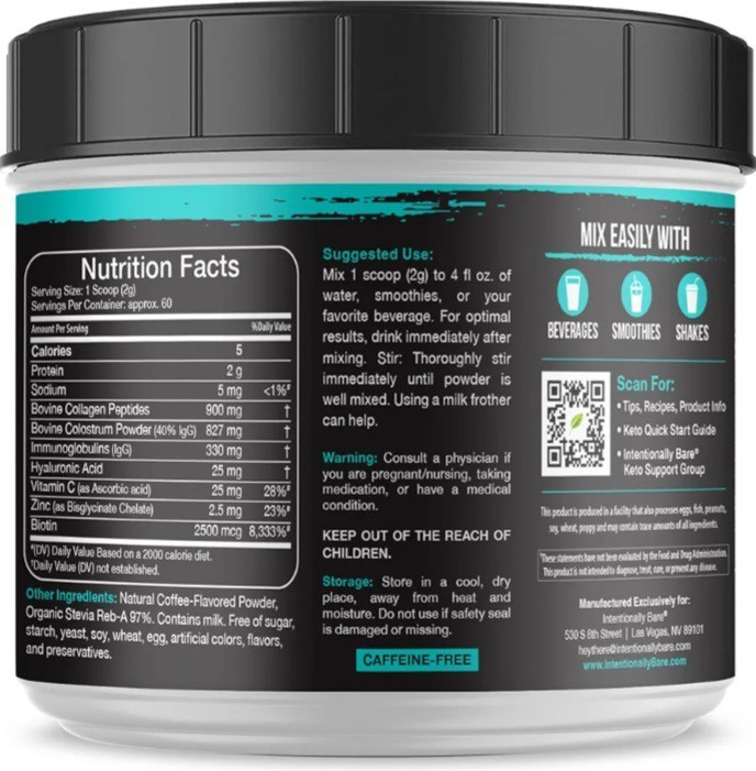 Intentionally Bare Colostrum & Collagen Powder Brewed Coffee Flavor Supplement