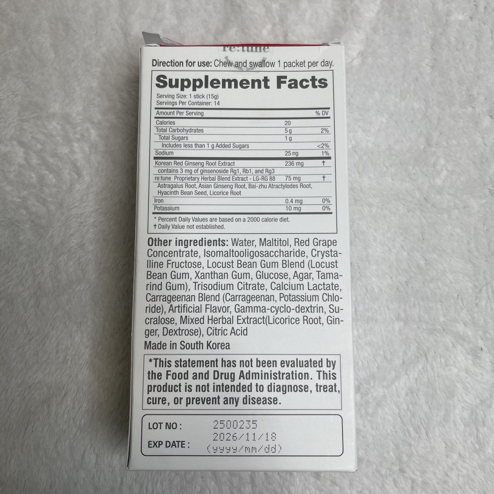 RE:TUNE Korean Red Ginseng Immune Jelly 14 Single Serve Packets Dietary Supp.