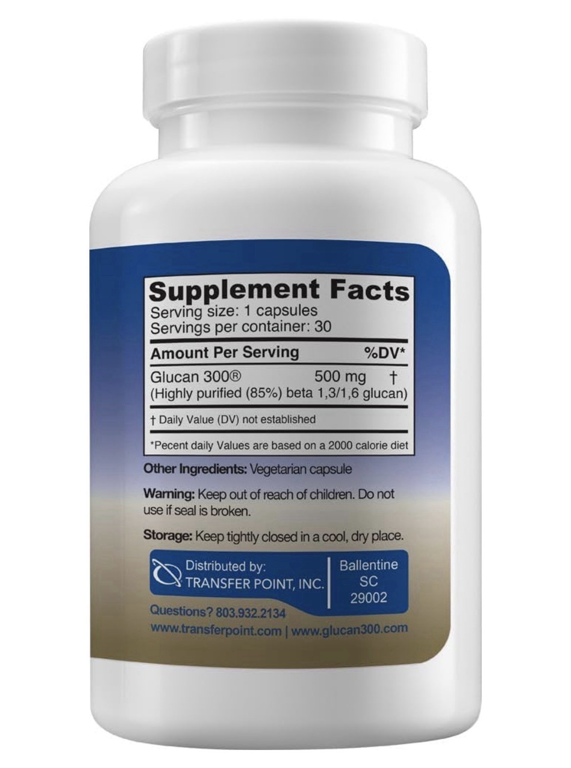 Transfer Point Beta 1,3D Glucan Immune Support 500 mg Dietary Supplement 30 Caps