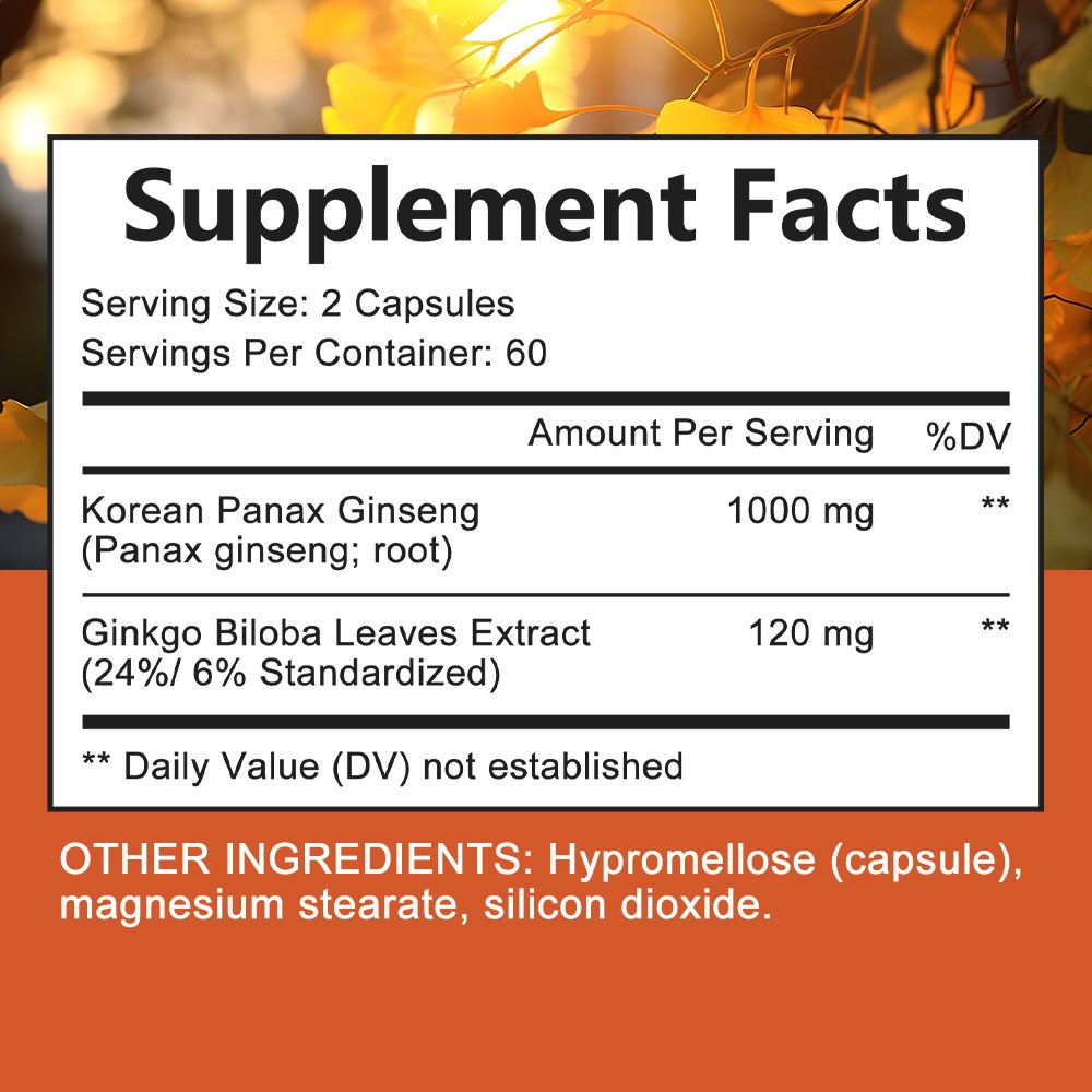 Ginsen Ginkgo Biloba Complex 120 Caps,Brain Focus&Memory,Steady Energy&Emotional