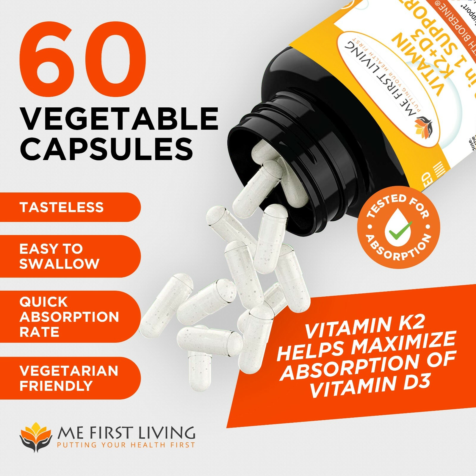 Me First Living K2+D3 Vitamin with Bioperine – 2 in 1 Support – 60 Capsules