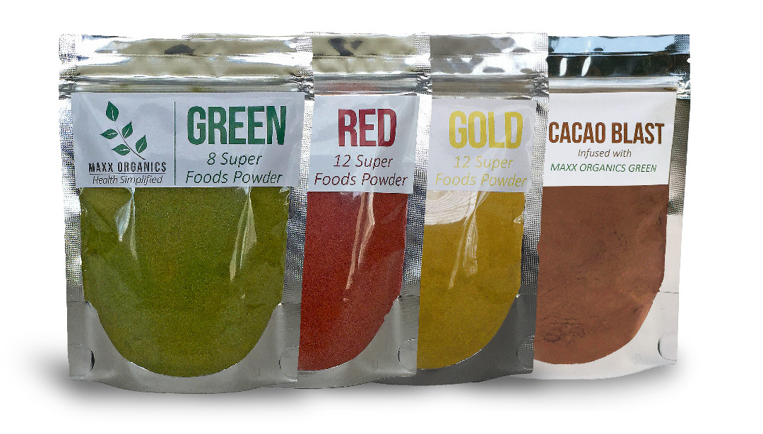 MAXX Organics Value 4pk GREEN GOLD RED CACAO SUPERFOOD POWDER Comp. Balance, AG1