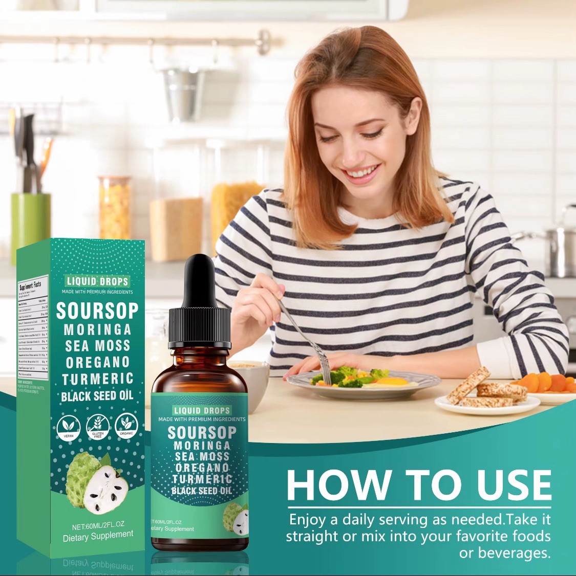 Soursop Moringa Seamoss Oregano Turmeric Liquid Drops Vegan Non-GMO 2 fl oz