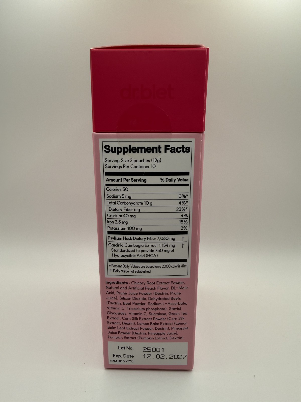 Dr. Blet Cleanse Psyllium Husk Fiber Sticks Peach Flavor Drink Mix 20 Pouches