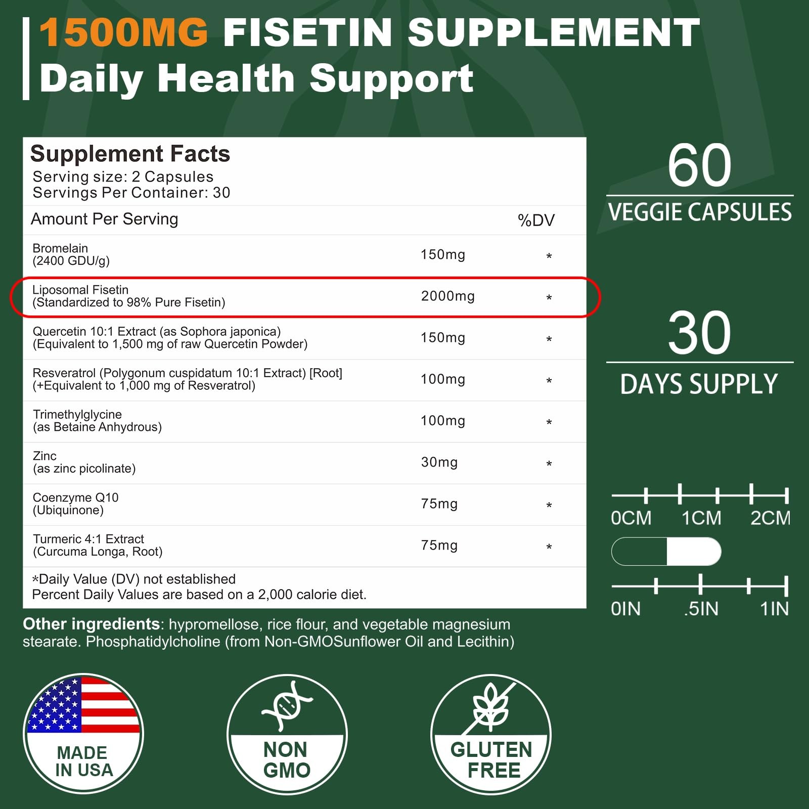 Liposomal Fisetin Supplement, 2000MG, 98% Pure 60 Count (Pack of 1)