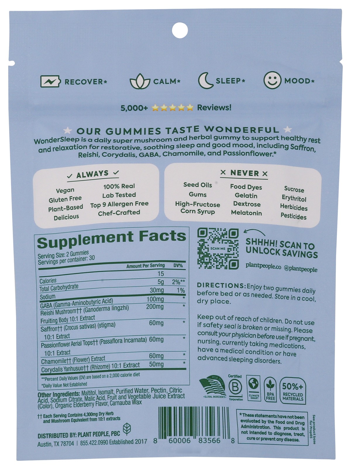 Wondersleep Mushroom Gummies By Plant People 60 Count Sleep Supplement 1 Pack