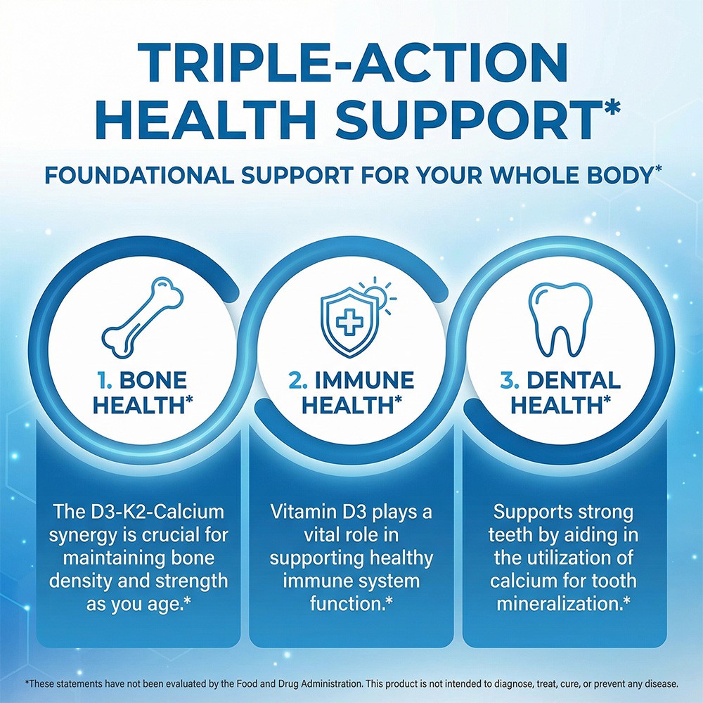 Vitamin D3 & K2 with Calcium-Support for Bone, Immune & Dental Health 30~120Caps