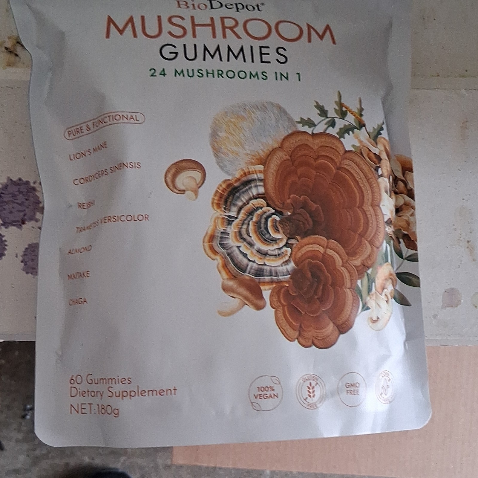 BioDepot Mushroom Gummies 60ct 180g Mango Vegan Lion’s Mane Reishi 200mg
