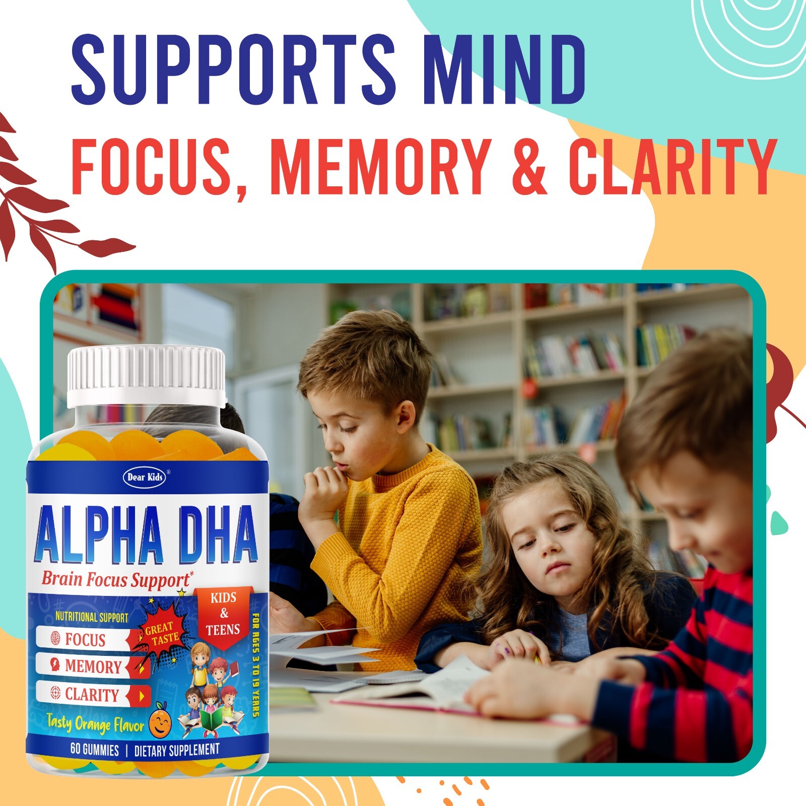 Brain Booster Memory Supplement Focus Gummies for Kids & Teens, Omega 3 & DHA 60