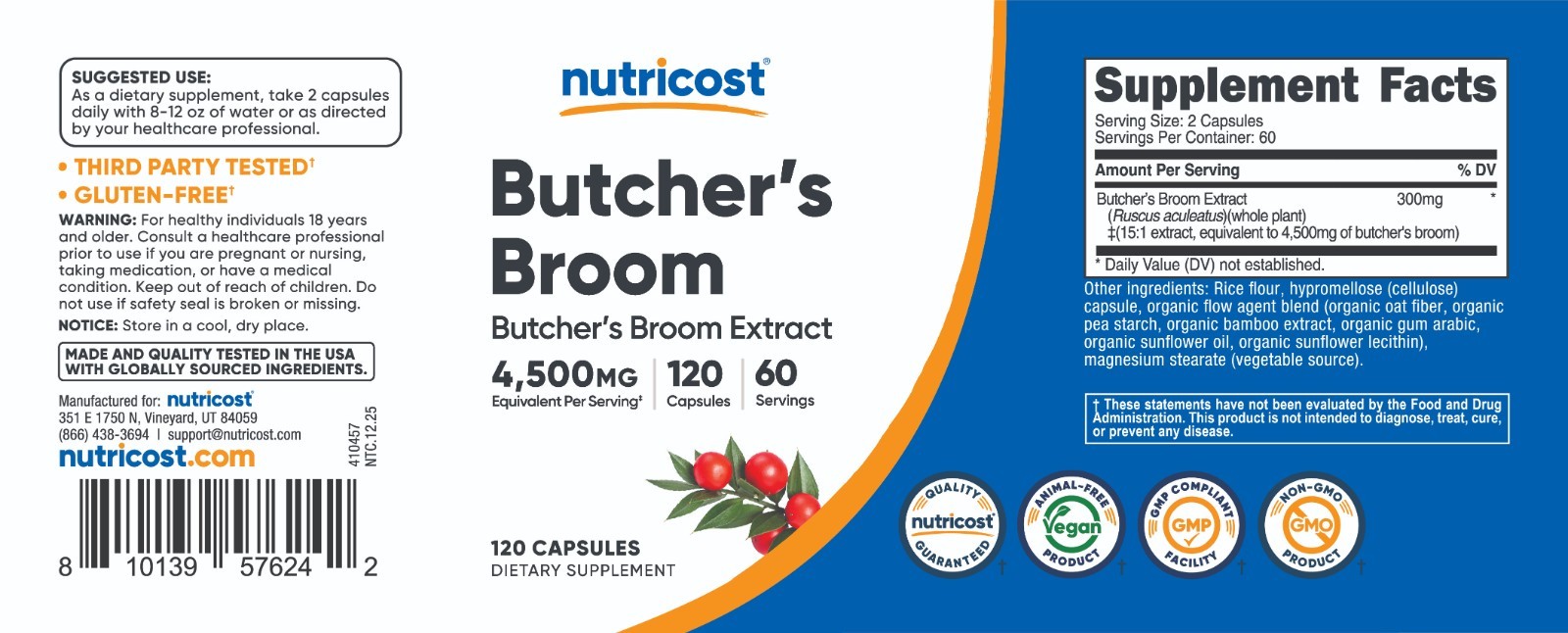 Nutricost Butcher’s Broom Extract (4500 mg Equivalent) 120 Capsules – 60 Serving