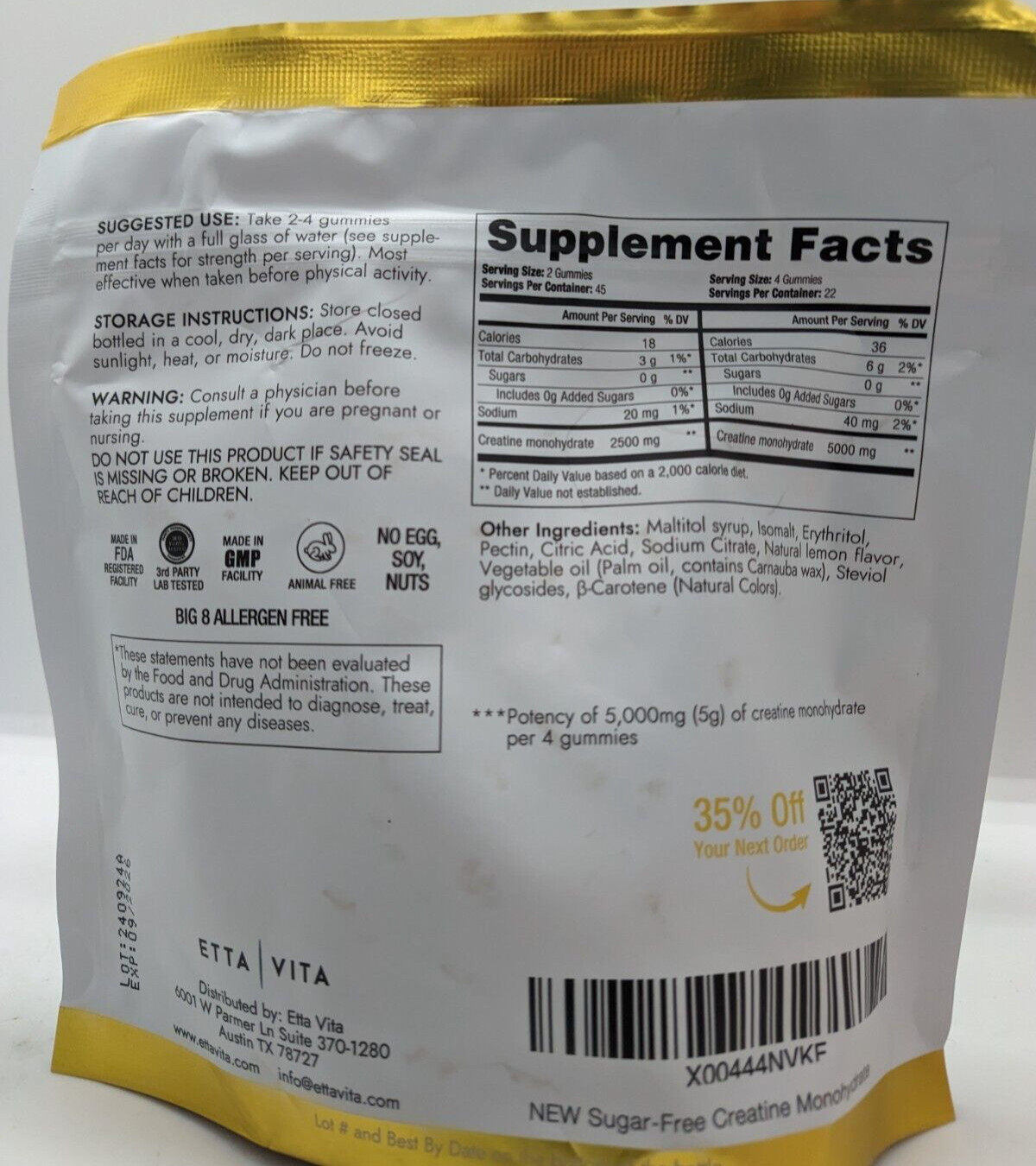 {2 Pack} Sugar Free Creatine Monohydrate Supplement 90 Gummies Lemon 09/2026