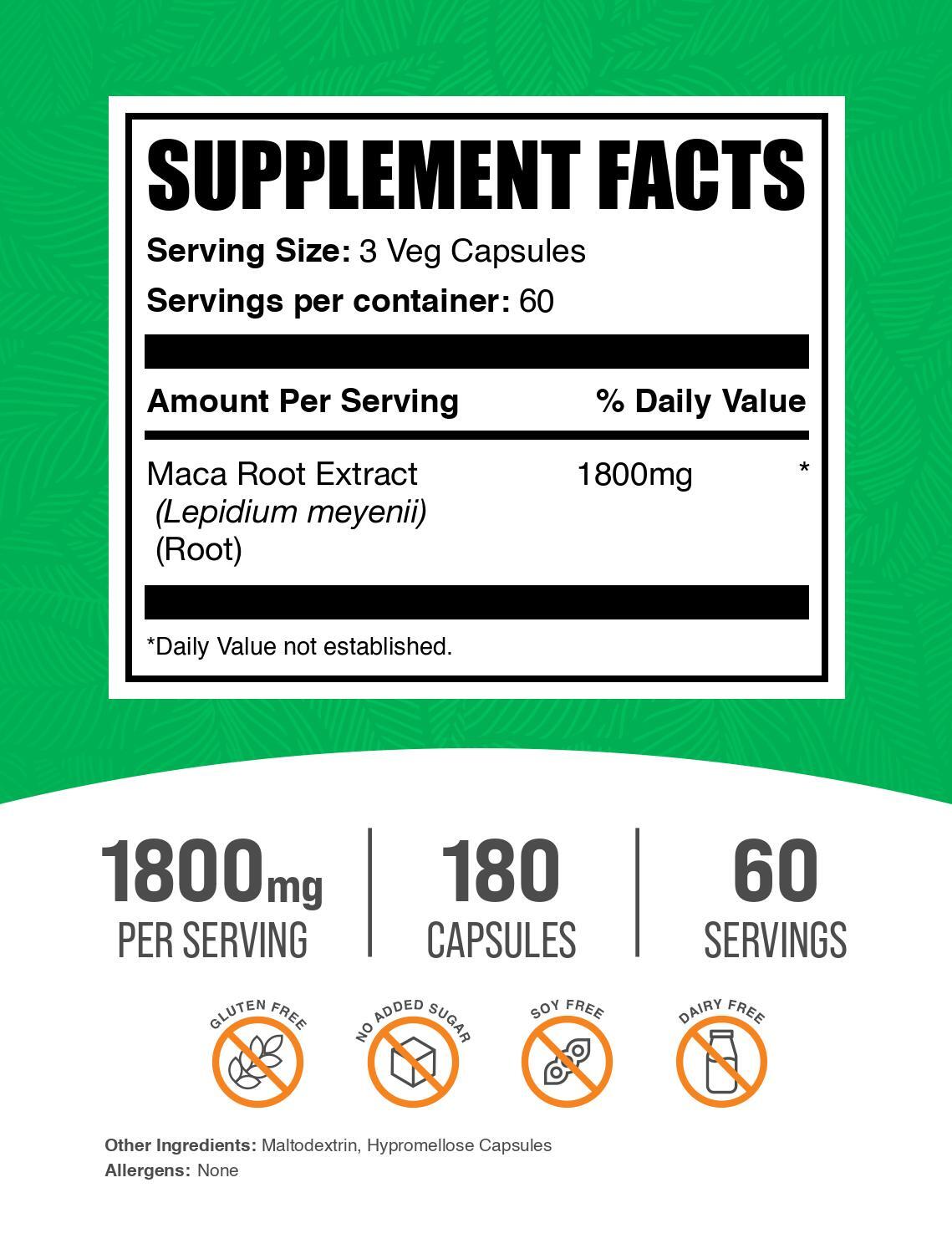 BulkSupplements Maca Root Extract 180 Capsules – Maca Supplement – 1800mg