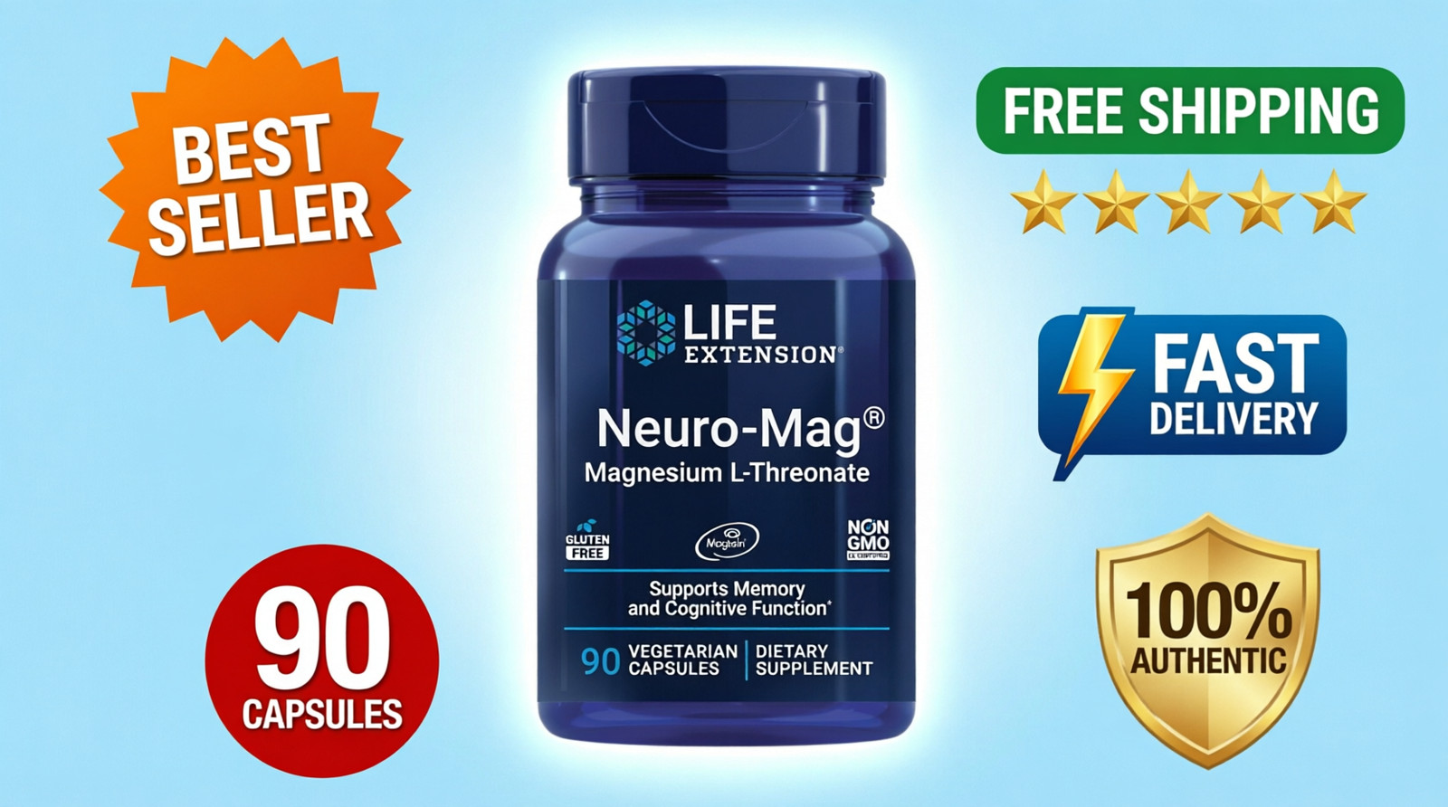 Life Extension Neuro-Mag Magnesium L-Threonate 90 Veg Capsules 48 mg Exp 06/2026