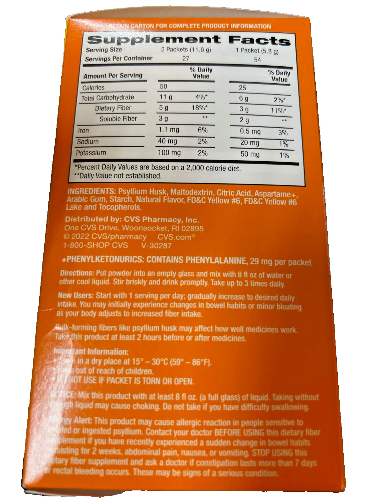 CVS Health Daily Fiber Psyllium Husk 54 Pks Orange Sugar Free BB 3/2026 Meta