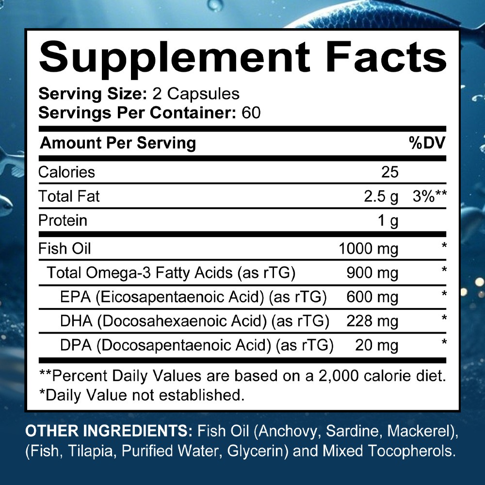Triple Strength Omega-3 Fish Oil rTG – 900mg EPA/DHA/DPA for Heart&Brain Health