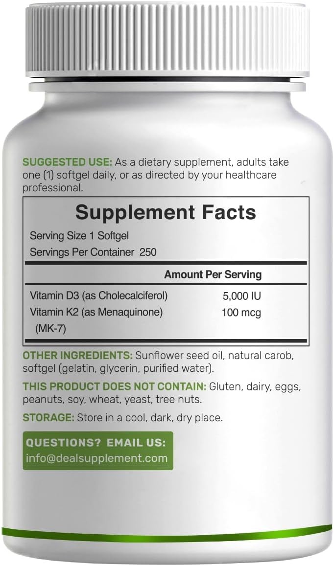 DEAL SUPPLEMENT Vitamin D3 5,000 IU + K2 MK7 Softgels,250 Count | 2-in-1 Complex