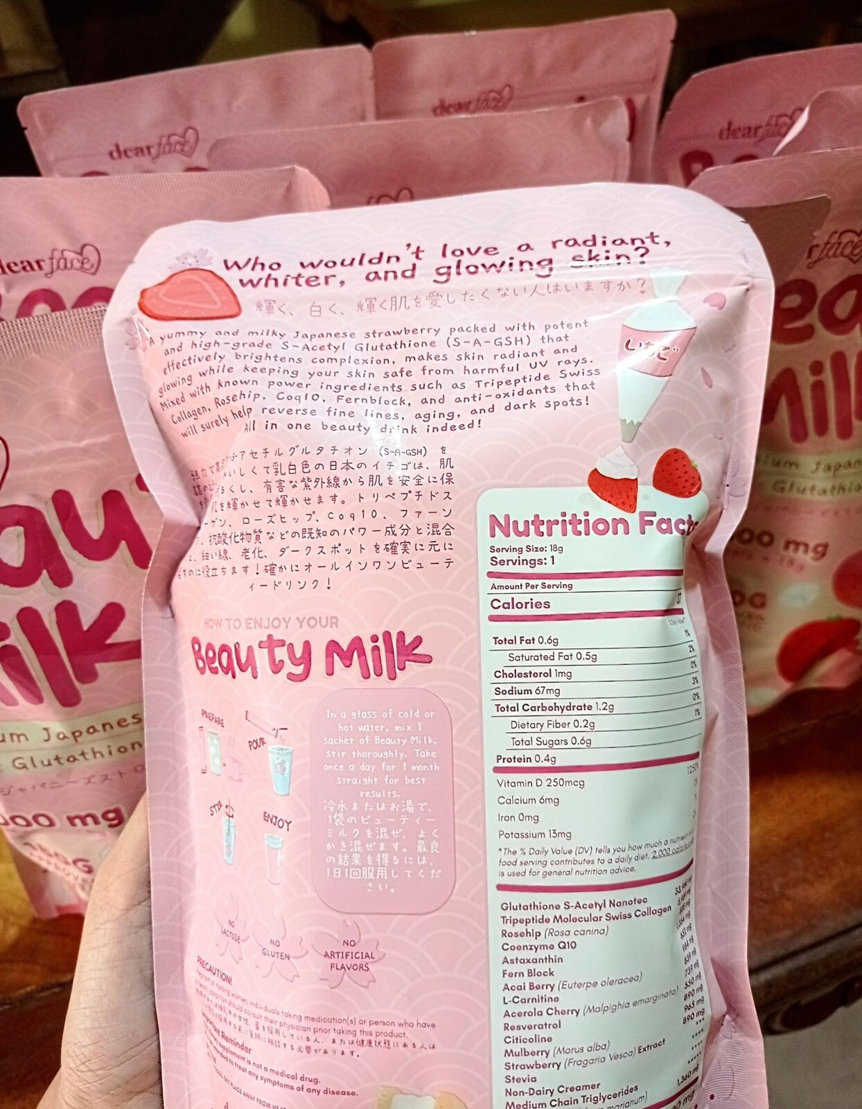 Dear Face Beauty Milk Japanese STRAWBERRY Gluta Drink, 10 Sachets X 18g US
