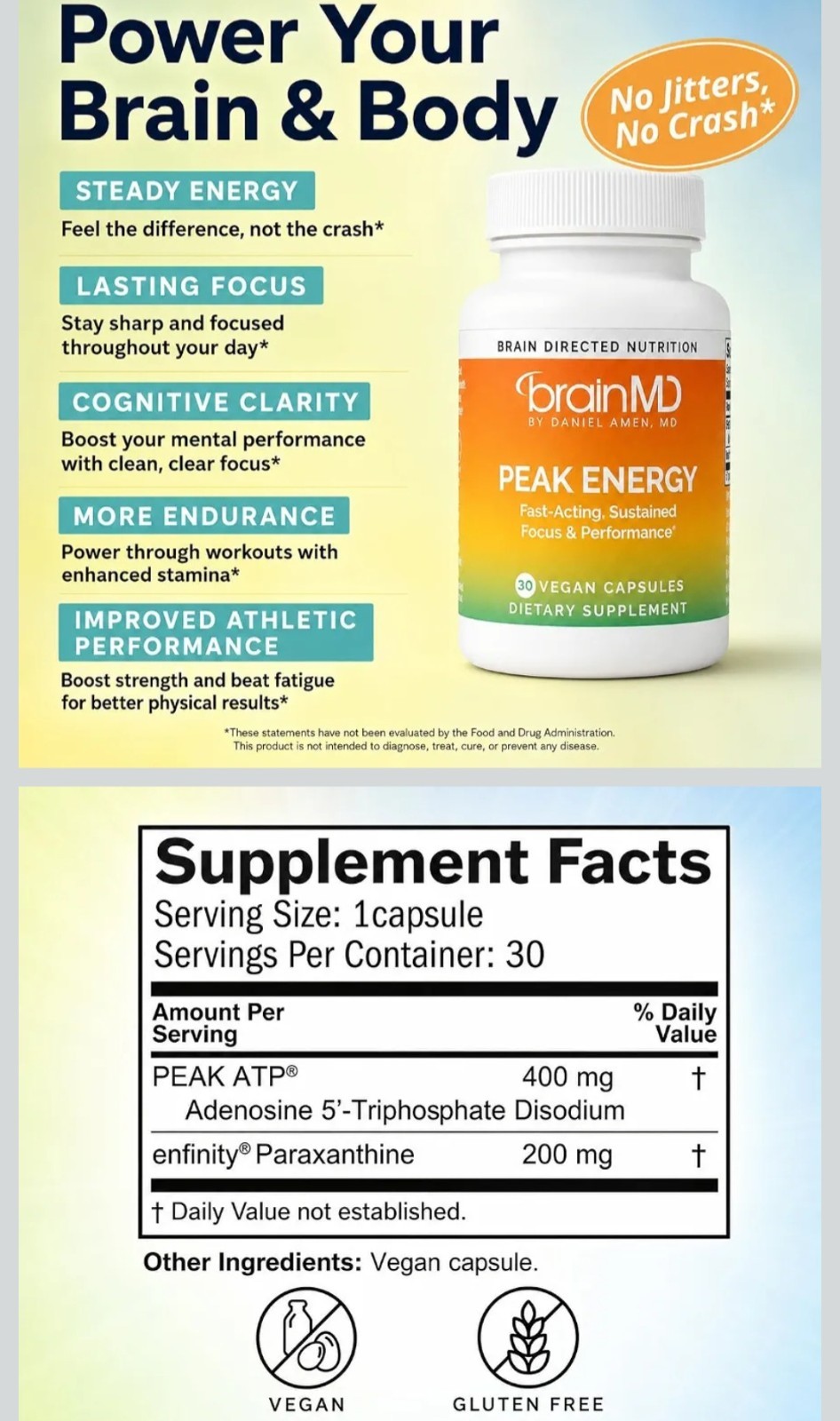 brainMD Peak Energy Vegan Dietary Supplement Capsules 30 Count Focus & Energy