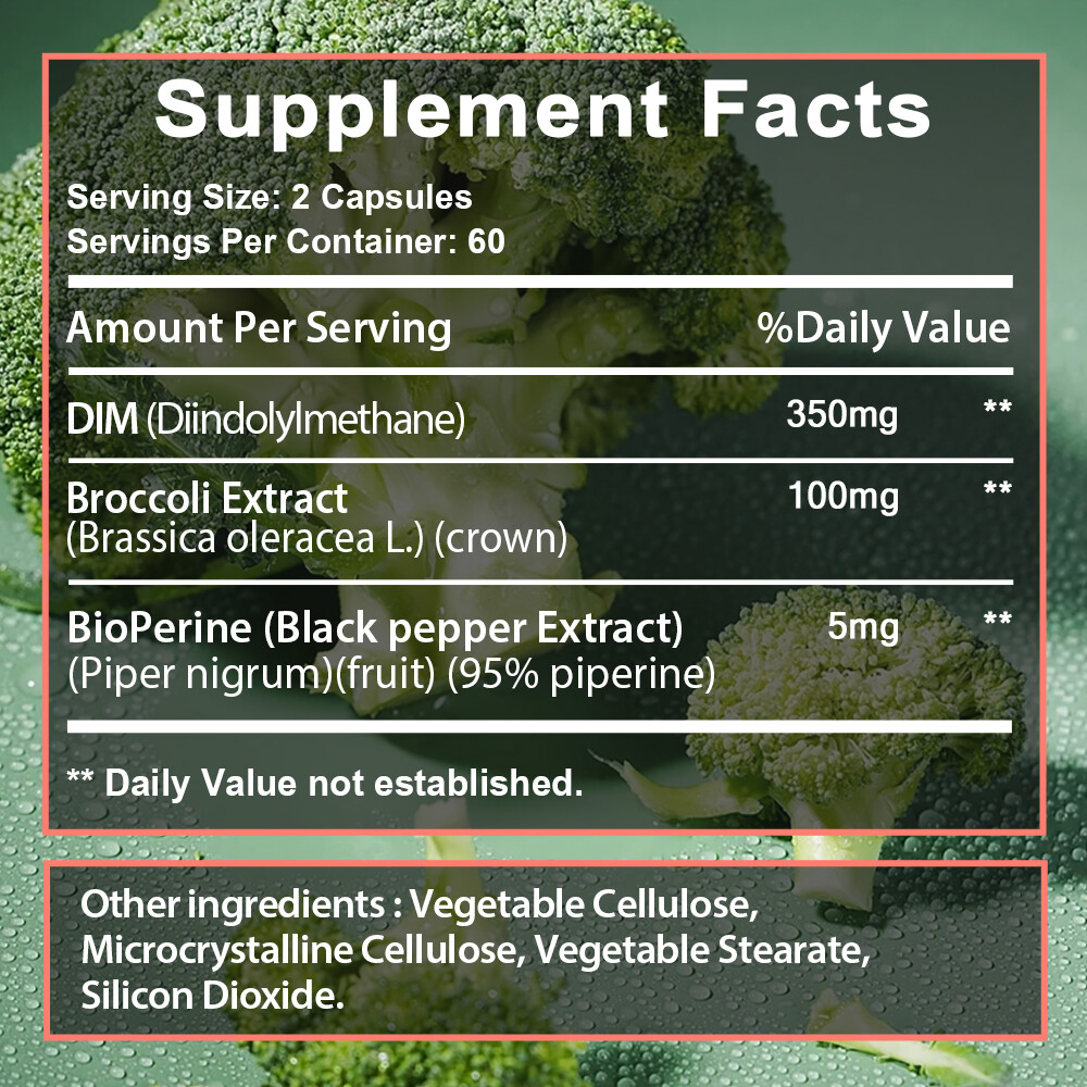 DIM (Diindolylmethane) 350mg, 30 To 120 Capsules with Broccoli & BioPerine