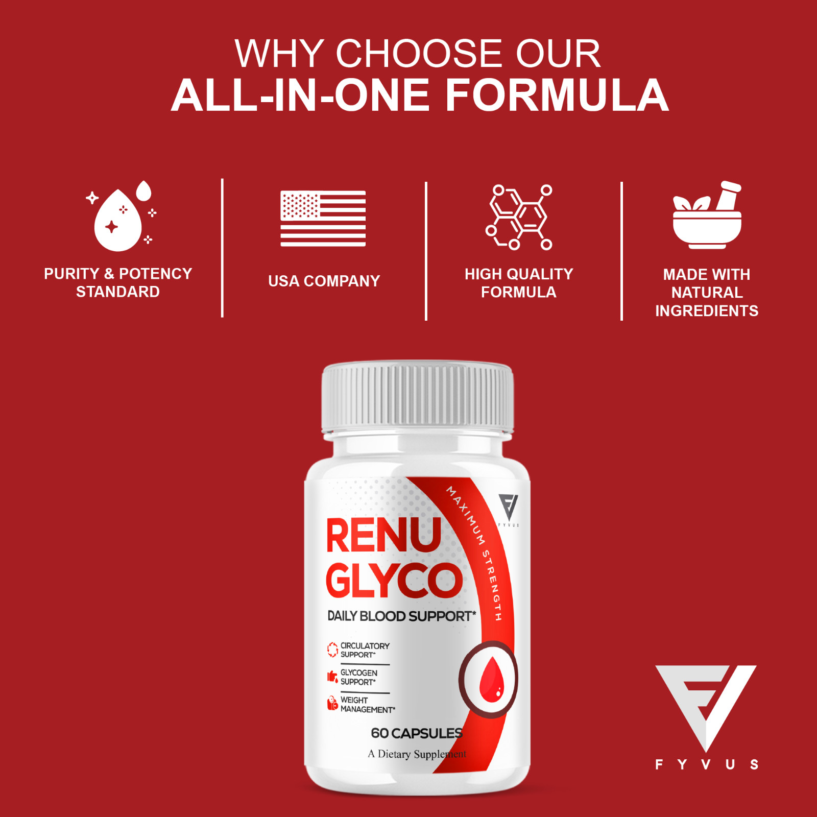 Renu Glyco Daily Blood Support Capsules, RenuGlyco Pills (60 Capsules)