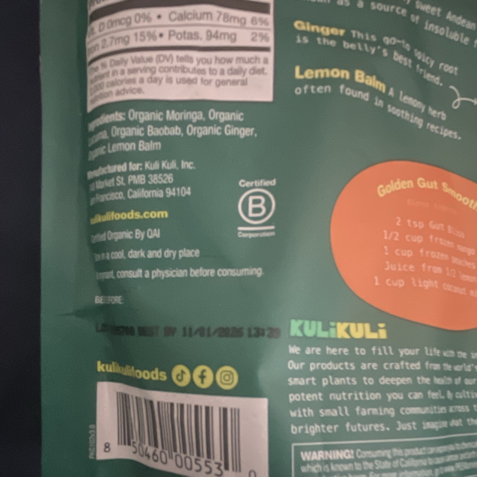 Kuli Kuli Organic Gut Bliss Superfood Powder, USDA Organic Digestive 6 oz