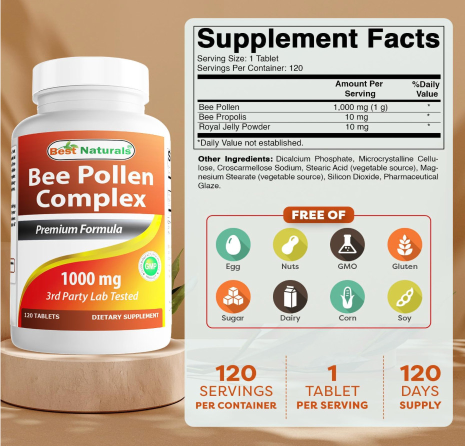 2 Pack Best Naturals Bee Pollen Complex 1000 mg 120 Tablets, Healthy Metabolism