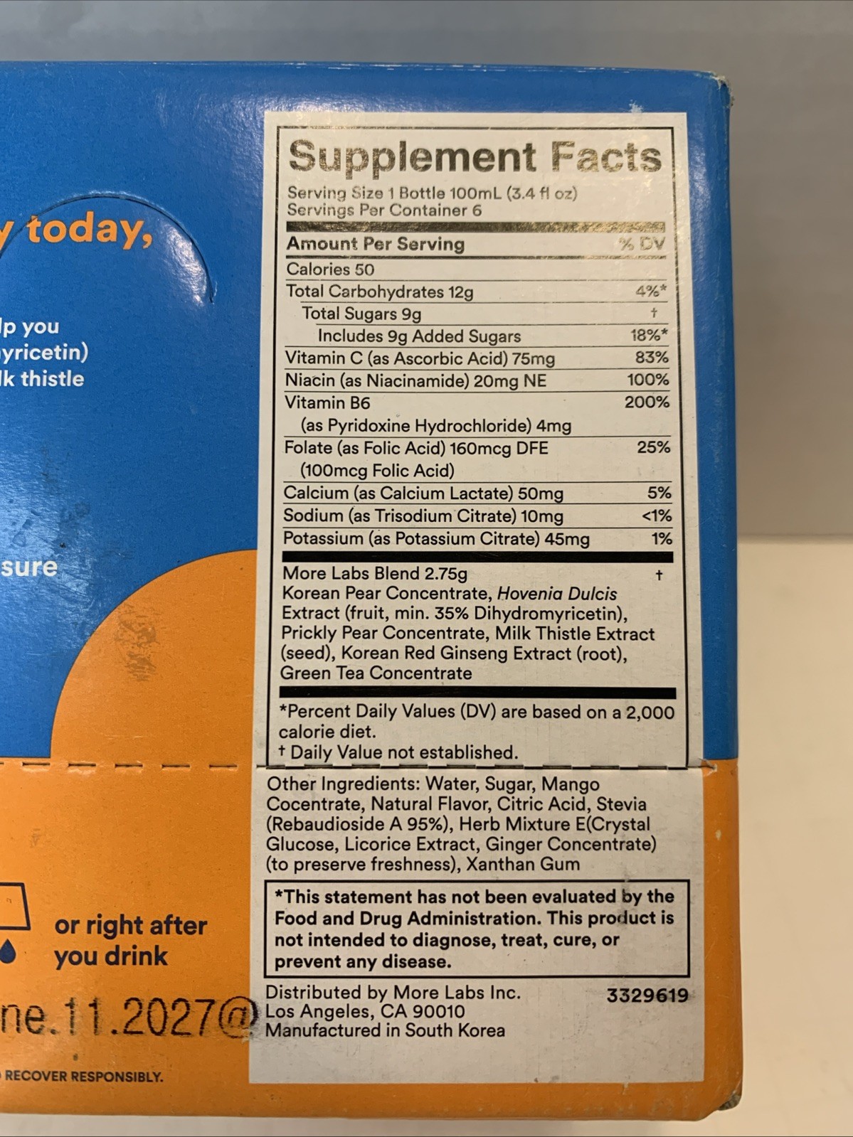 MORE Morning Recovery Hangover Prevention Drink Orange Mango 3.4 OZ 6 pack NIB