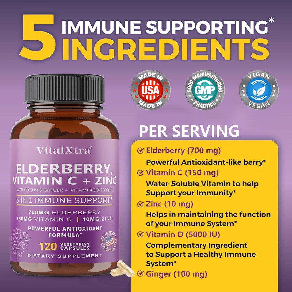 700mg Elderberry+Vitamin C,Zinc,VitaminD3 & Ginger & Immune Support 30~120 Caps
