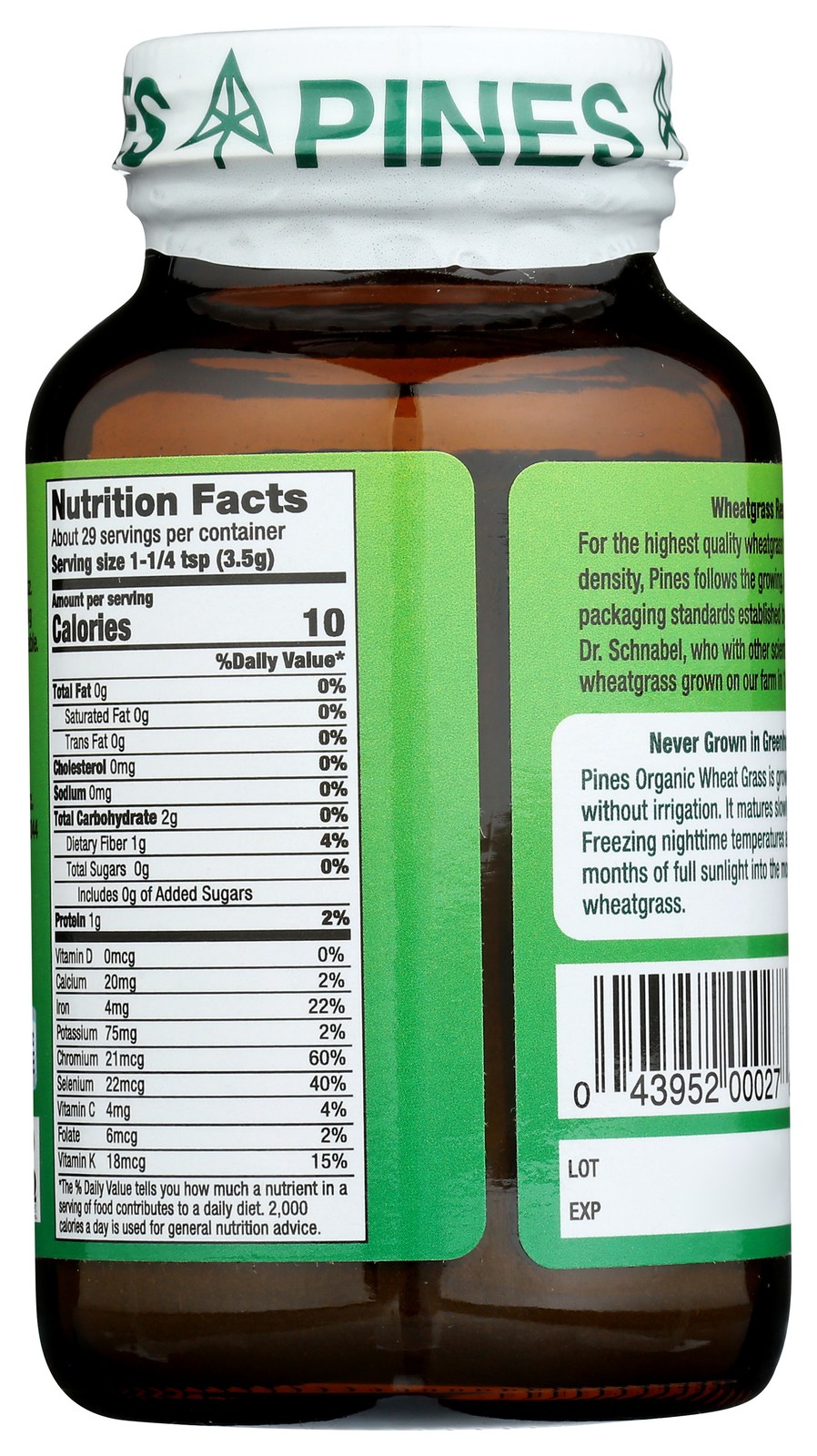 Organic Pines Wheat Grass Powder 3.5 Oz Green Superfood Supplement 1 Pack
