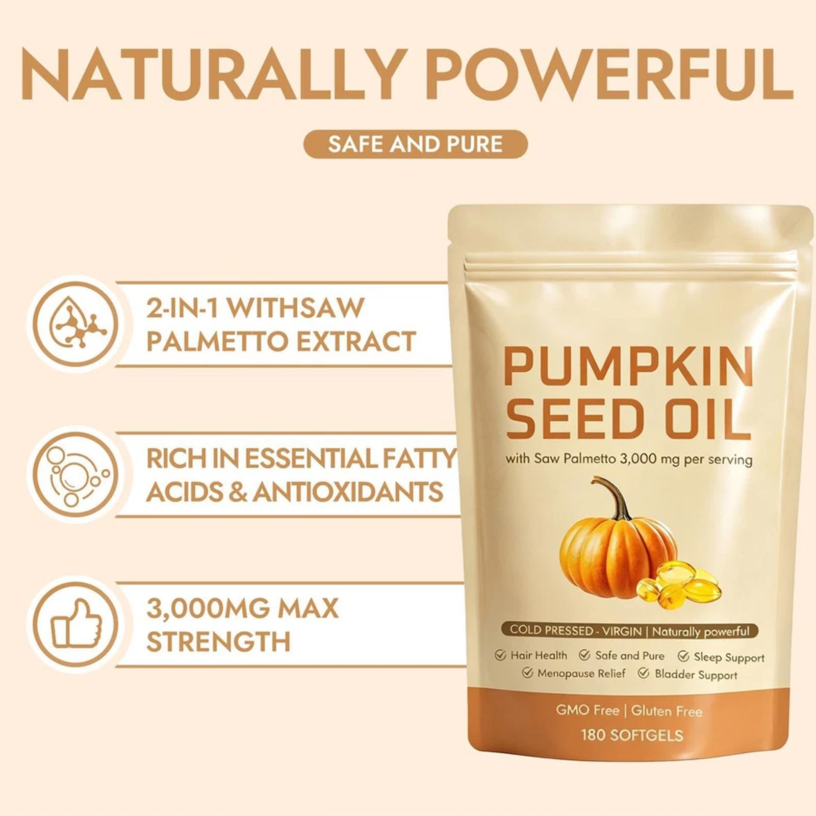 Pumpkin Seed Oil 3000mg Softgels Cold Pressed Virgin Saw Palmetto 180Count