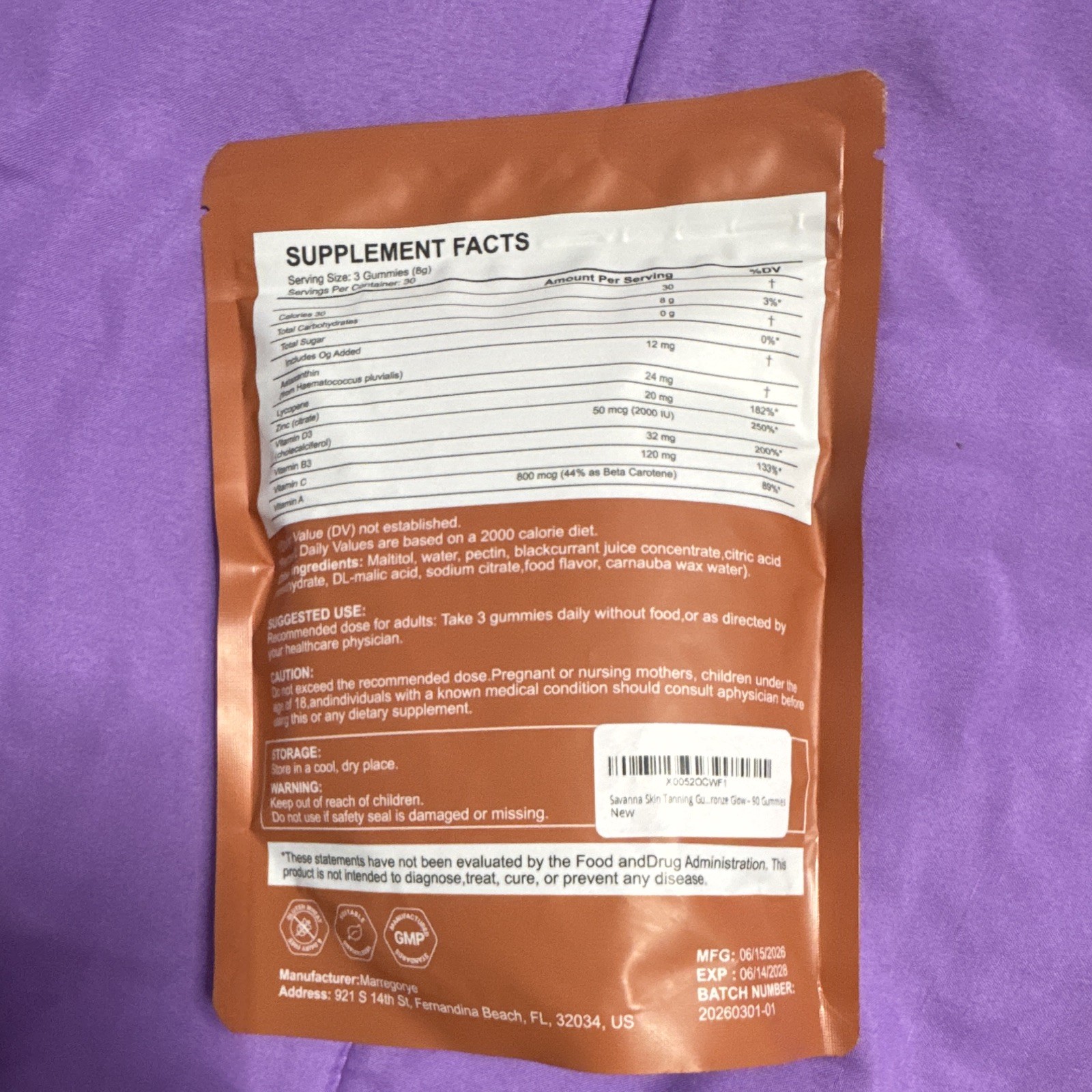 Marregorye Savanna Skin Tanning Gummies Sour Watermelon 90 Count Antioxidant