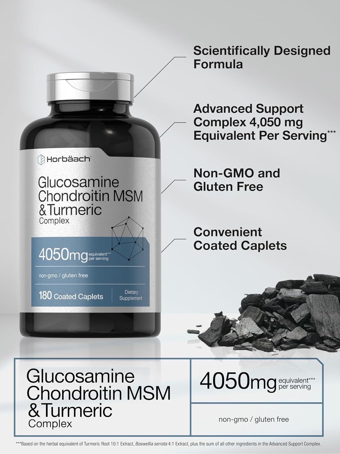 Glucosamine Chondroitin with Turmeric & MSM 4050mg | 180 Caplets | by Horbaach