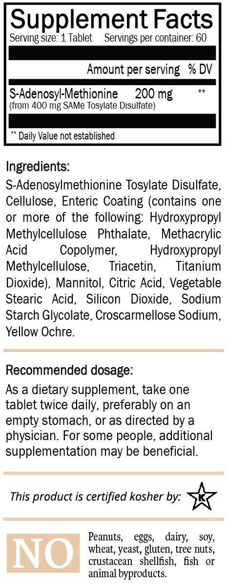 SAM-e 200mg Daily Supplement – Vegan, 60 Count (Pack of 1), Multicolour