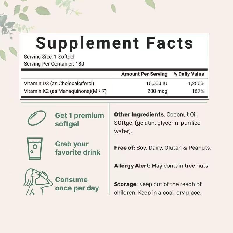 10,000iu D3 + 200 MCG Vitamin D3 K2 Capsules
