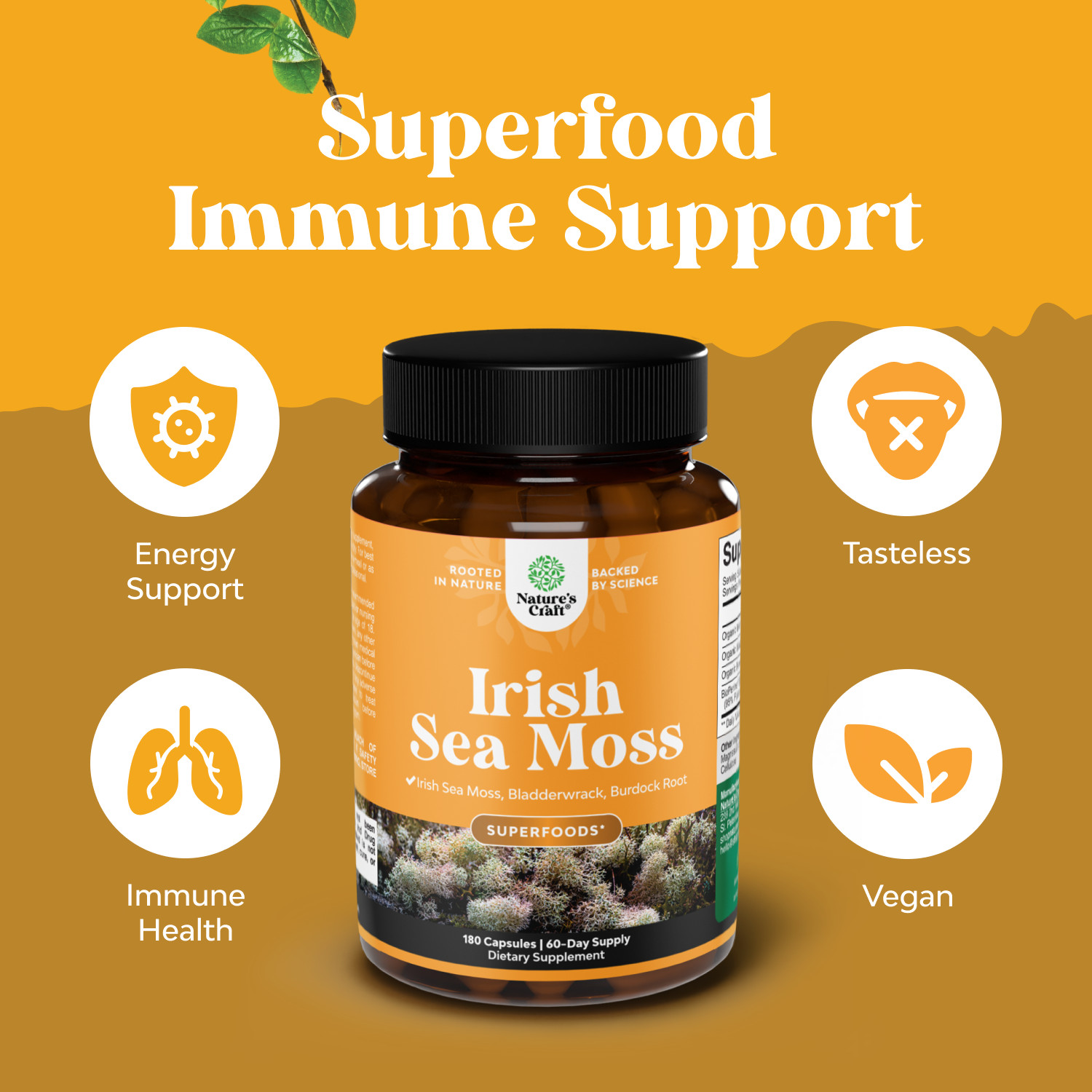 Organic Irish Sea Moss Capsules – with Bladderwrack and Burdock Root 30ct