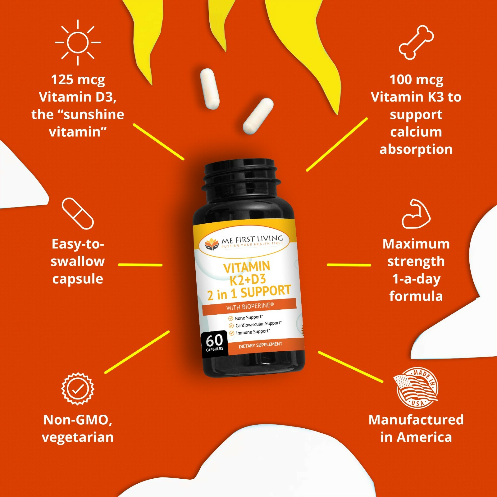 Me First Living K2+D3 Vitamin with Bioperine – 2 in 1 Support – 60 Capsules