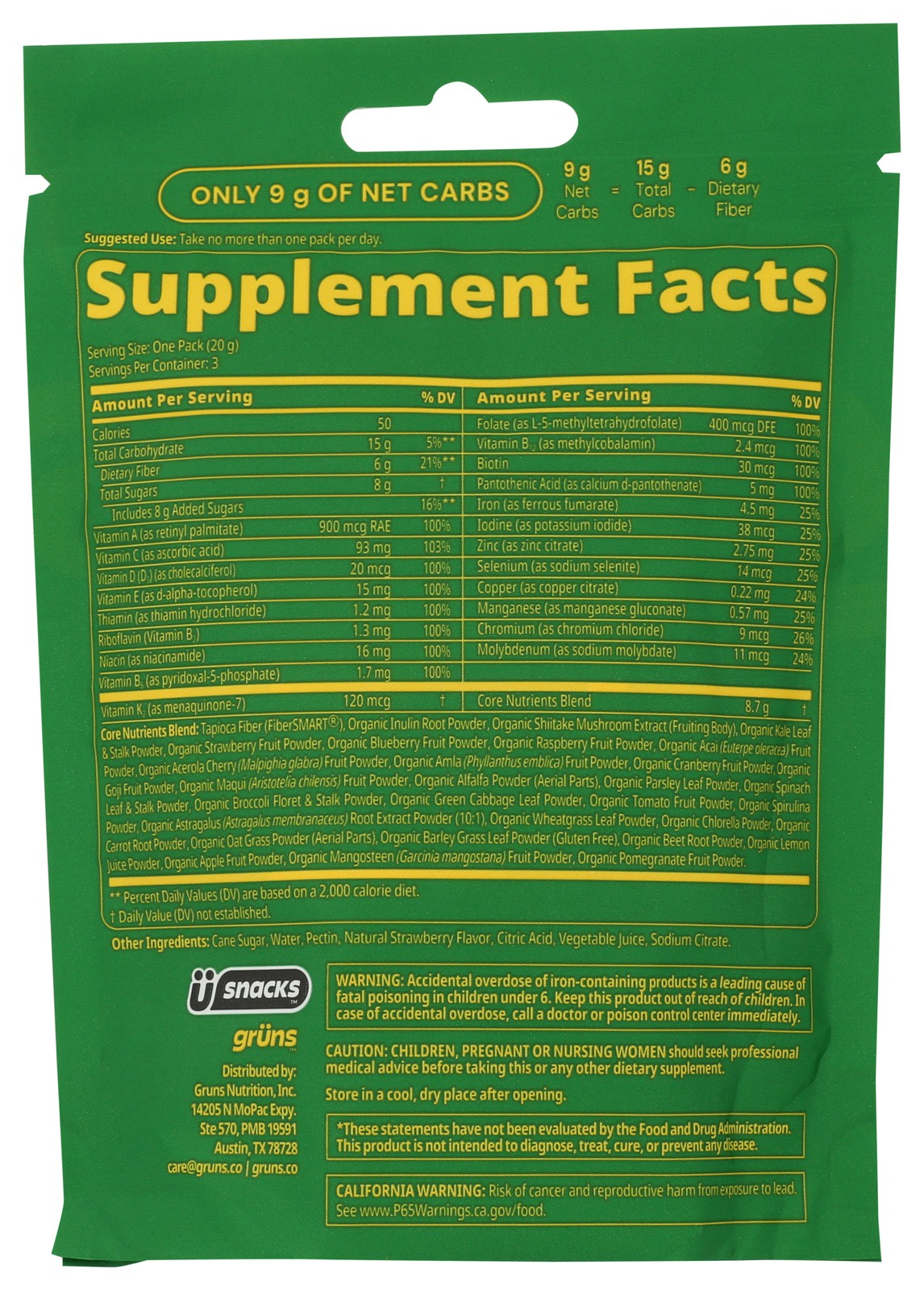 U Snacks Gruns Dietary Supplement Superfoods Greens Gummies 3 Packets 9 1 Pack
