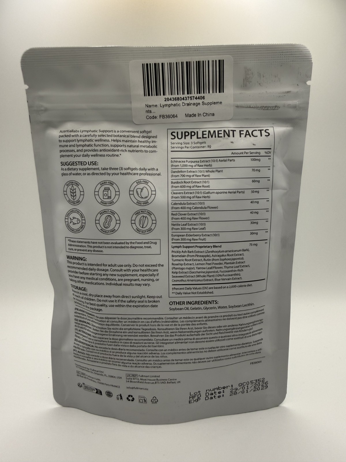 Acentiallabs Lymphatic Support Advanced Botanical Complex Echinacea 240 Softgels