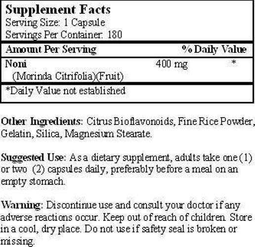 All Natural Noni 400 mg 180 Capsules, 6 Months Supply