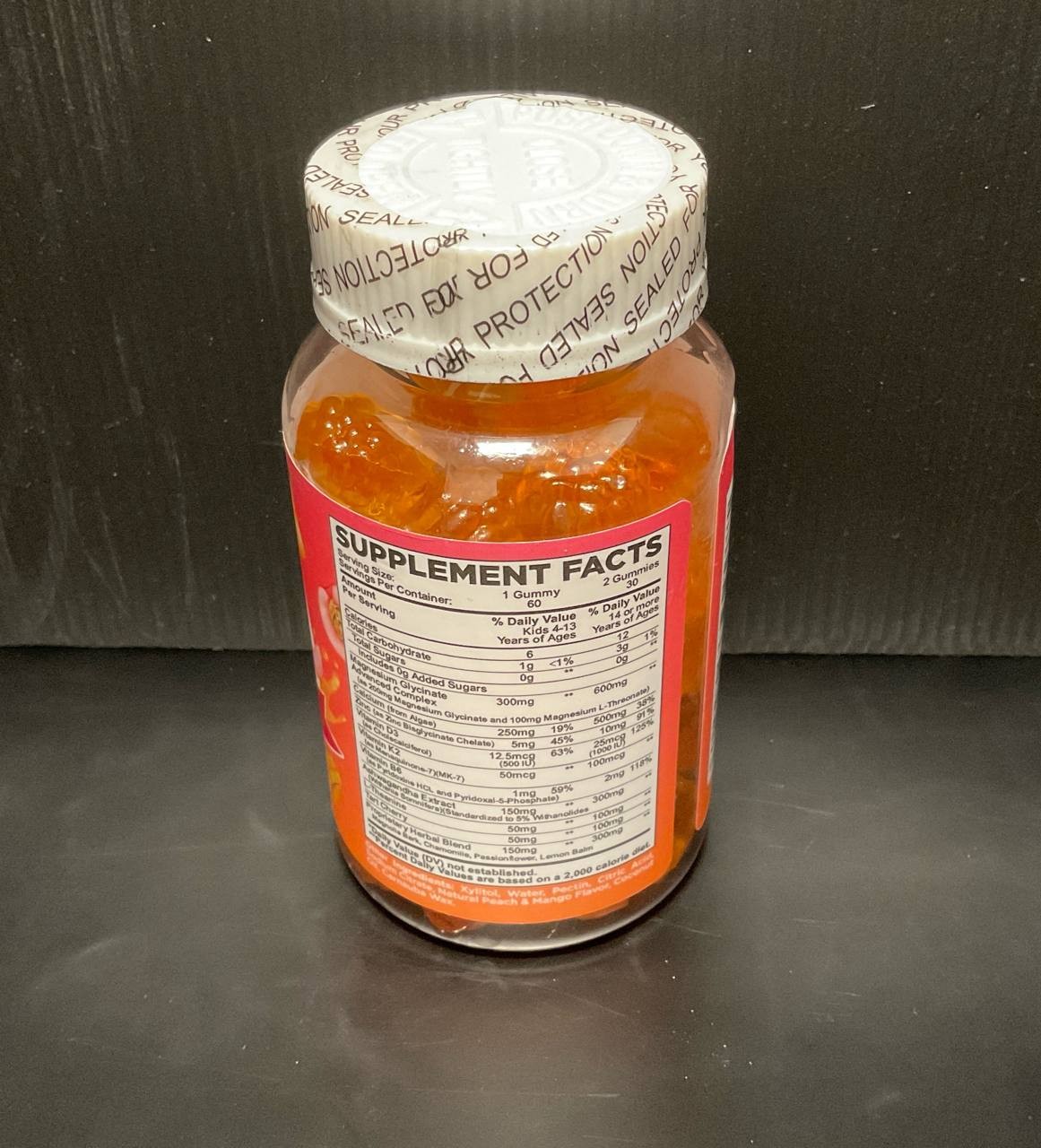 Dilib Sugar Free Kids Magnesium Gummies Peach Mango 60ct L-Theanine Vit D3 K2