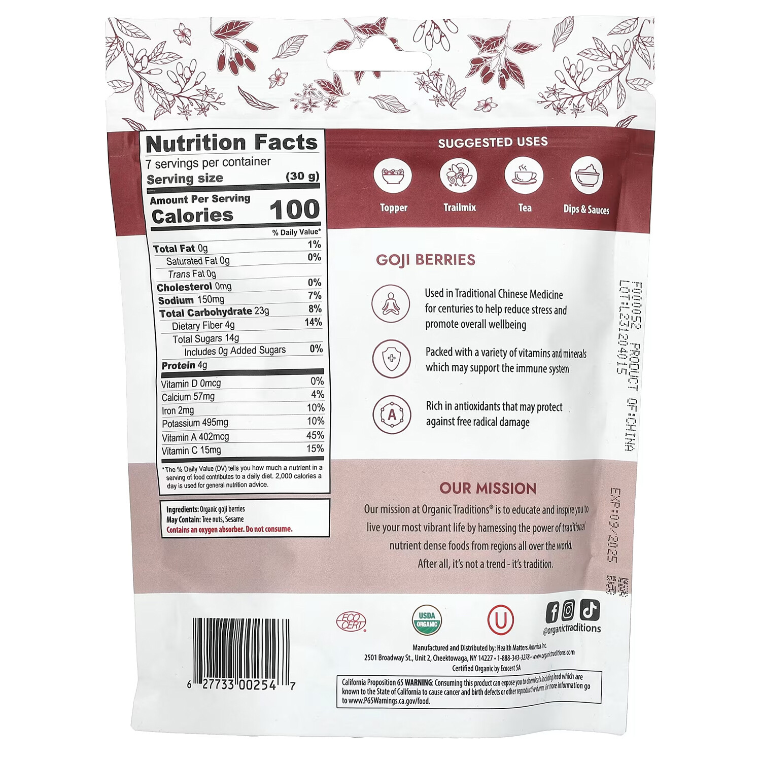 Organic Traditions Goji Berries, 8 Ounces