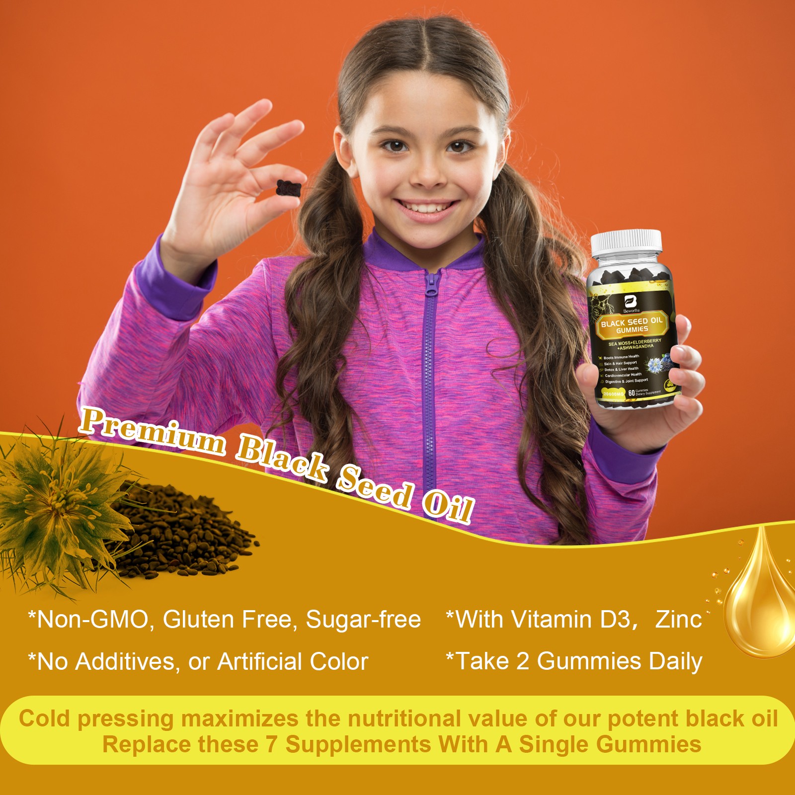 10 in 1 Organic Sea Moss Gummies Irishmoss Extract 1000MG w/Black Seed Oil