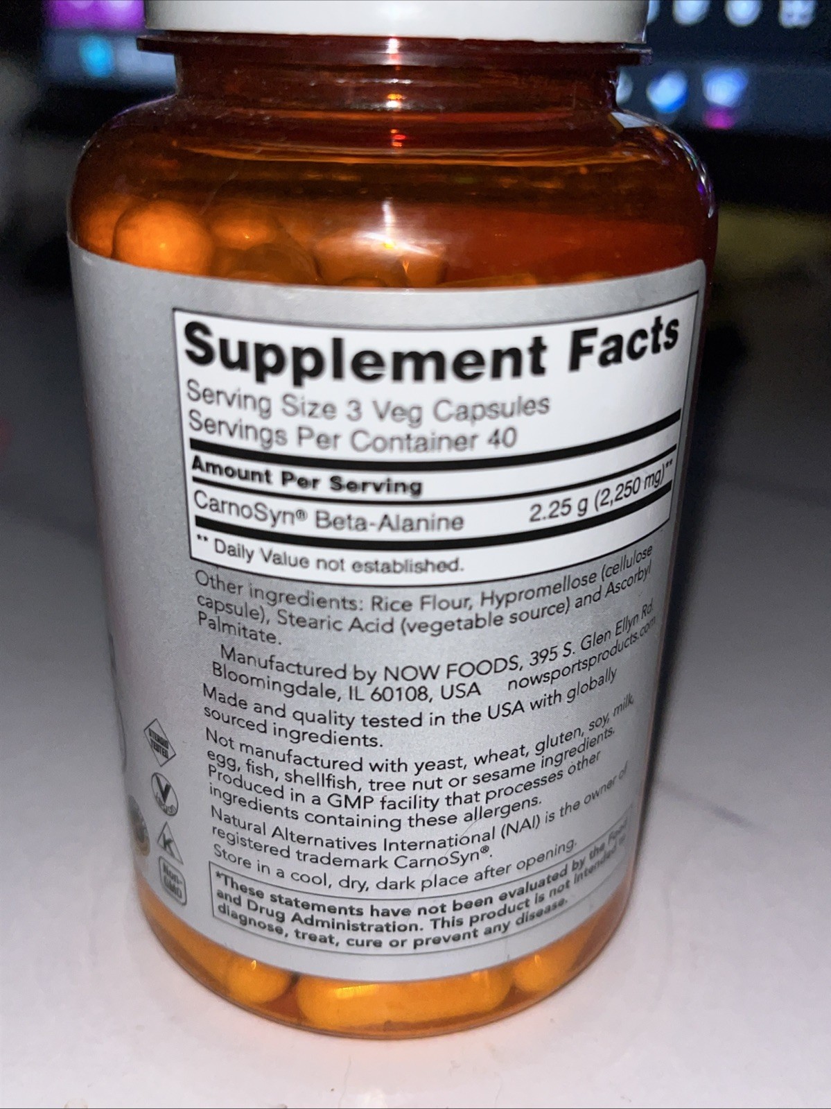 NOW FOODS Beta-Alanine 750 mg 120 Veg Capsules Exp 11/29