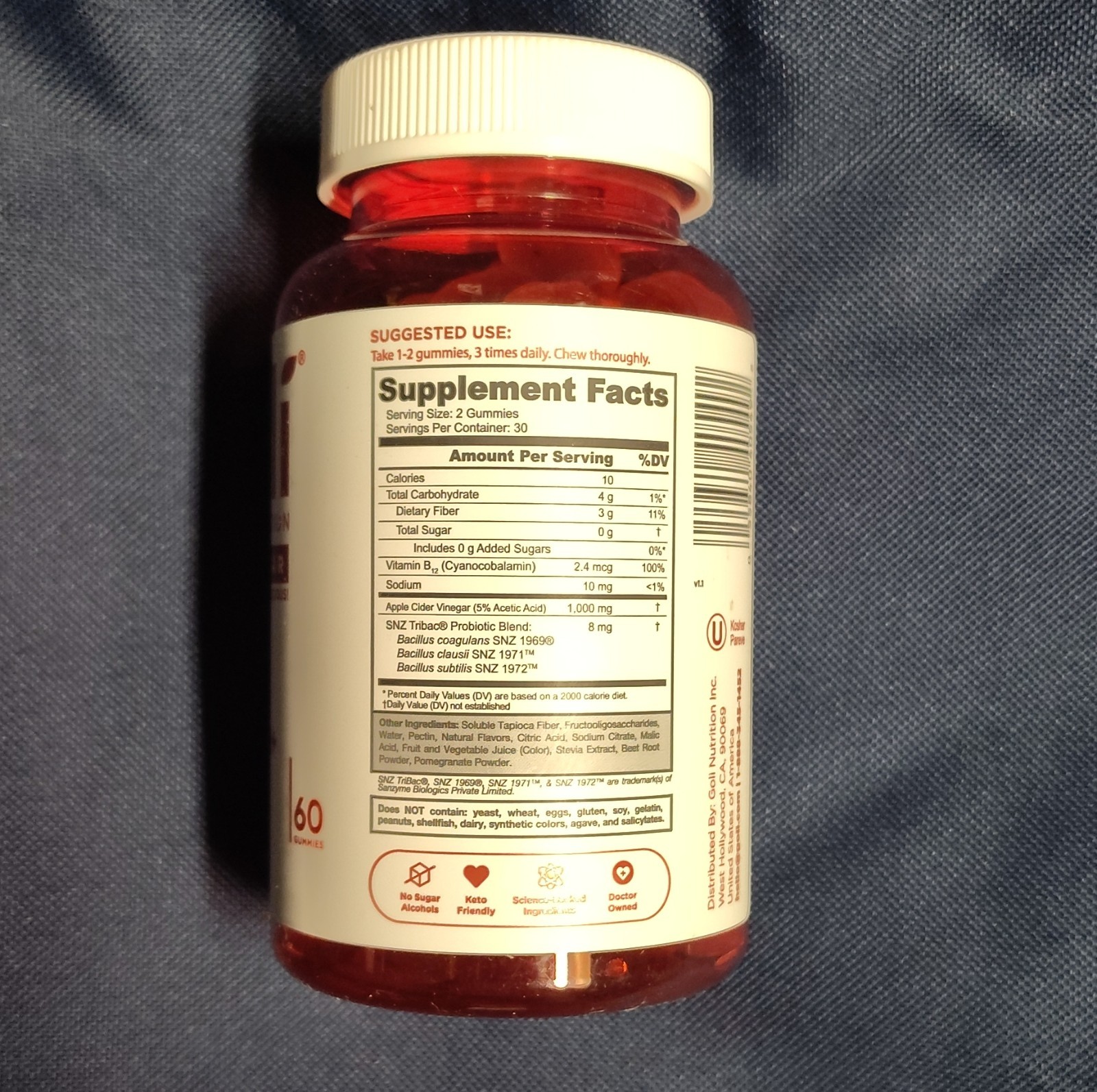 Goli Nutrition Apple Cider Vinegar Gummies Zero Sugar Vegan 60ct Exp 02/2027
