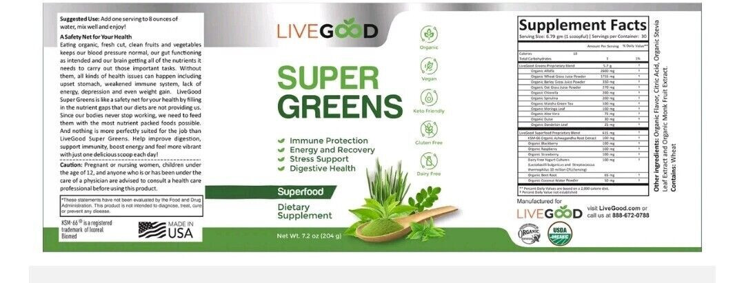 LiveGood ORGANIC SUPER GREENS Superfood Dietary Supplement Immune System