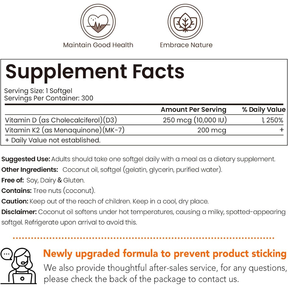 Vitamin D3 5000 IU with K2 MK7 250 Veggie Softgels Bone Immune Support