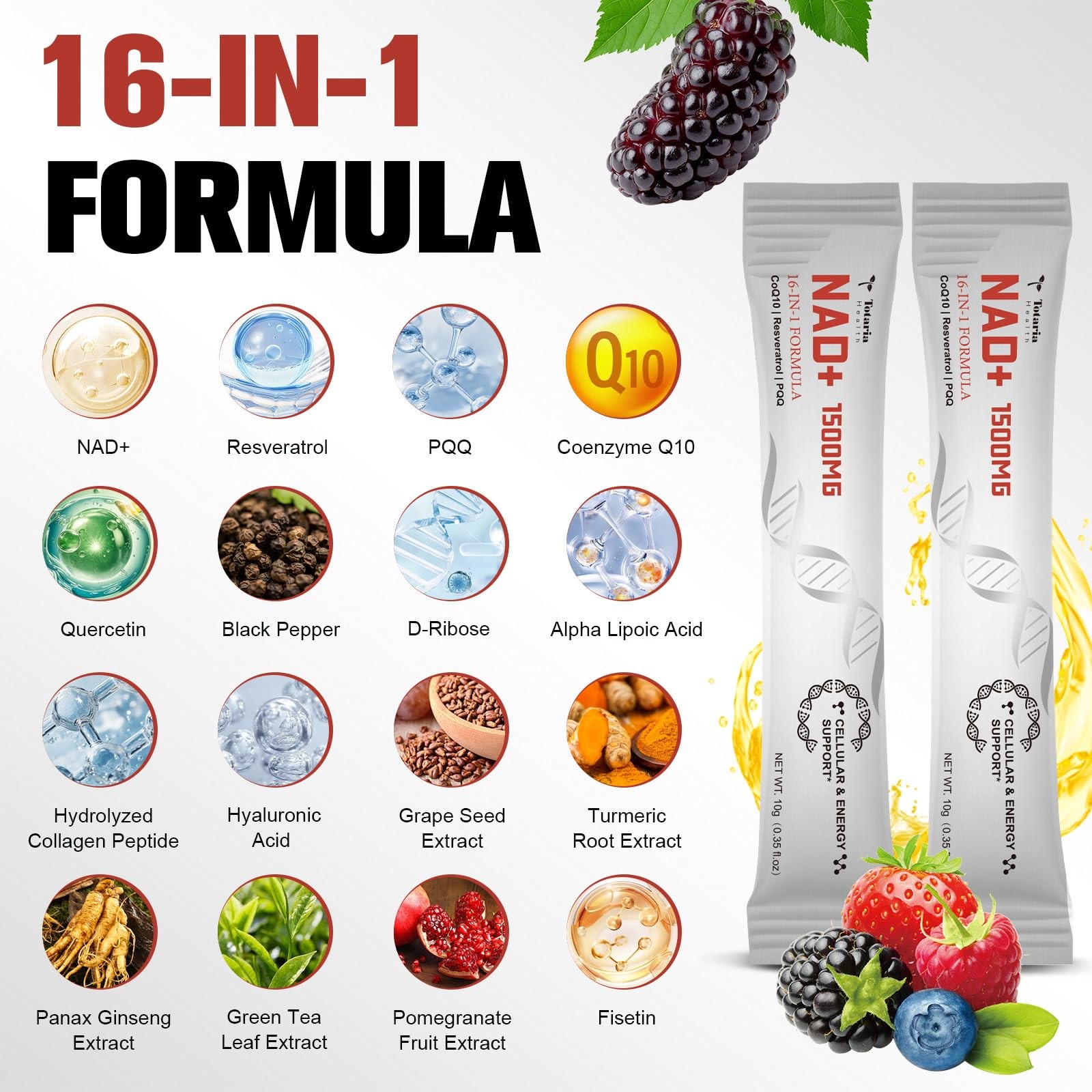 Totaria 16-in-1 NAD Liquid Supplement 1500mg for Men & Women, Extra 30 Packet