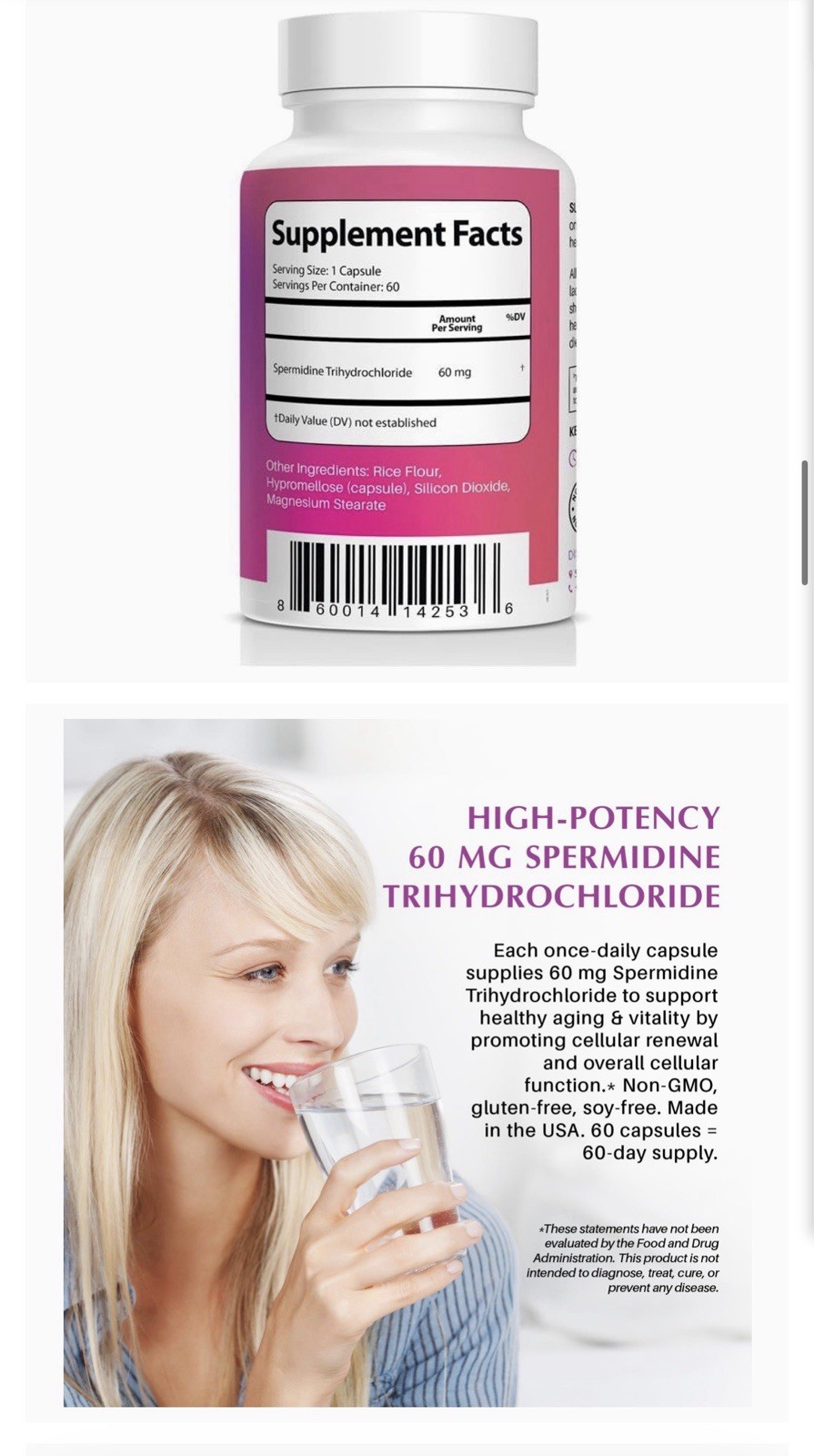 Purewise Spermidine 60mg Caps 60ct Vegan Non-GMO Gluten-Free Soy Free exp 06/27