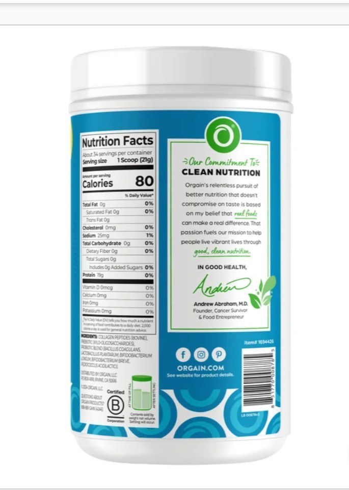 Orgain Collagen Peptides Probiotics Unflavored Powder 25.6 oz 2Bundle